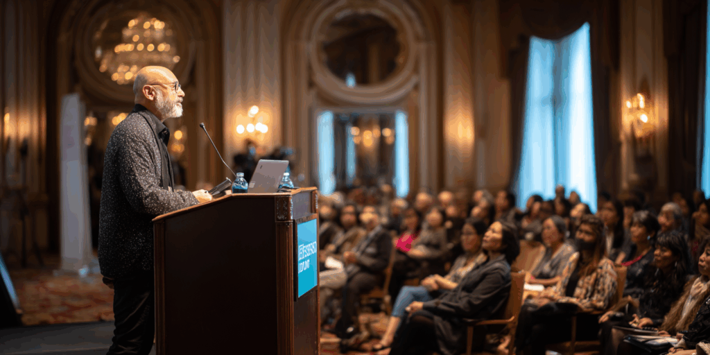 World Leader giving presentation to audience on science behind CBT