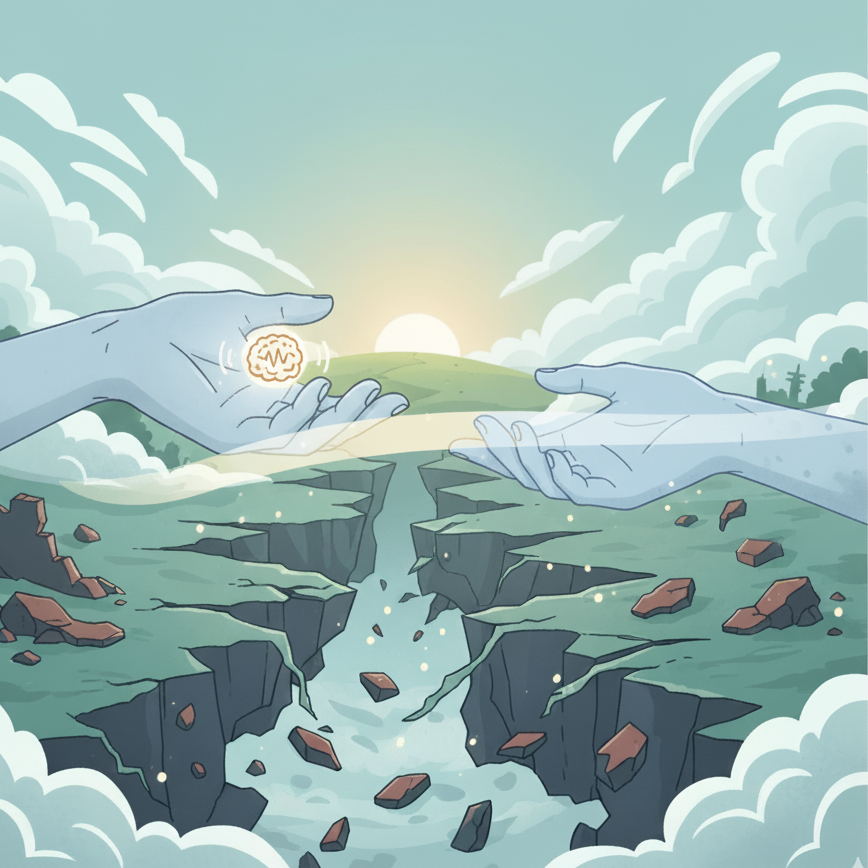 An image featuring a hand reaching across a visually depicted 'divide' (representing conflict, disaster, or displacement) to gently touch another hand. In the background, one hand could be holding a small, simplified brain icon or a calming symbol.