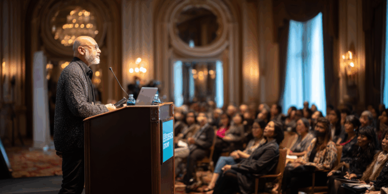 World Leader giving presentation to audience on science behind CBT