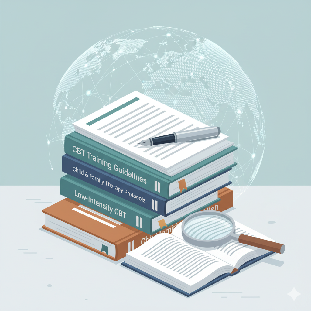 illustration of A clean, professional image of a stack of books or documents/guidelines with a pen or a magnifying glass nearby, suggesting study, development, and official documentation.