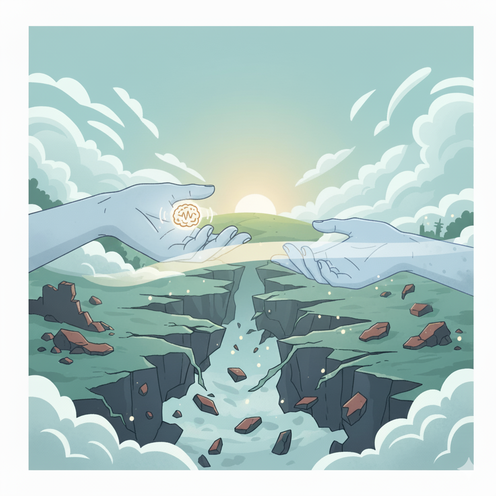 An image featuring a hand reaching across a visually depicted 'divide' (representing conflict, disaster, or displacement) to gently touch another hand. In the background, one hand could be holding a small, simplified brain icon or a calming symbol.